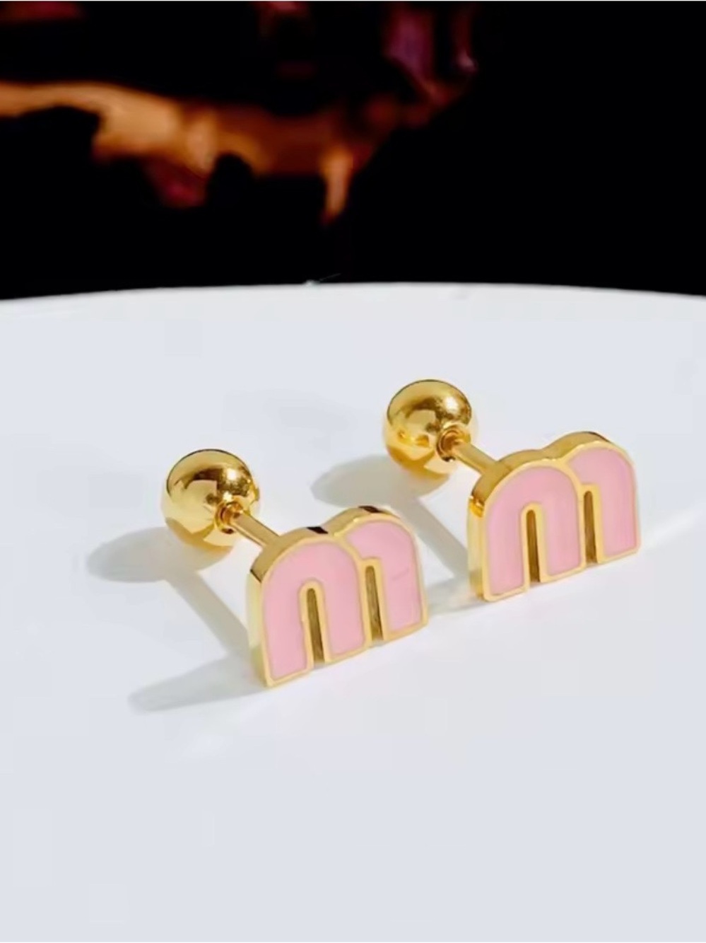 Gold & Pink 'M' Stud Earrings